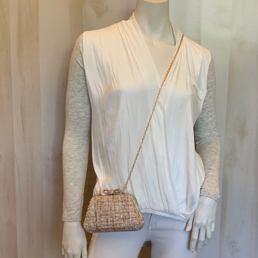 Light pink tweed hard clutch with chain strap